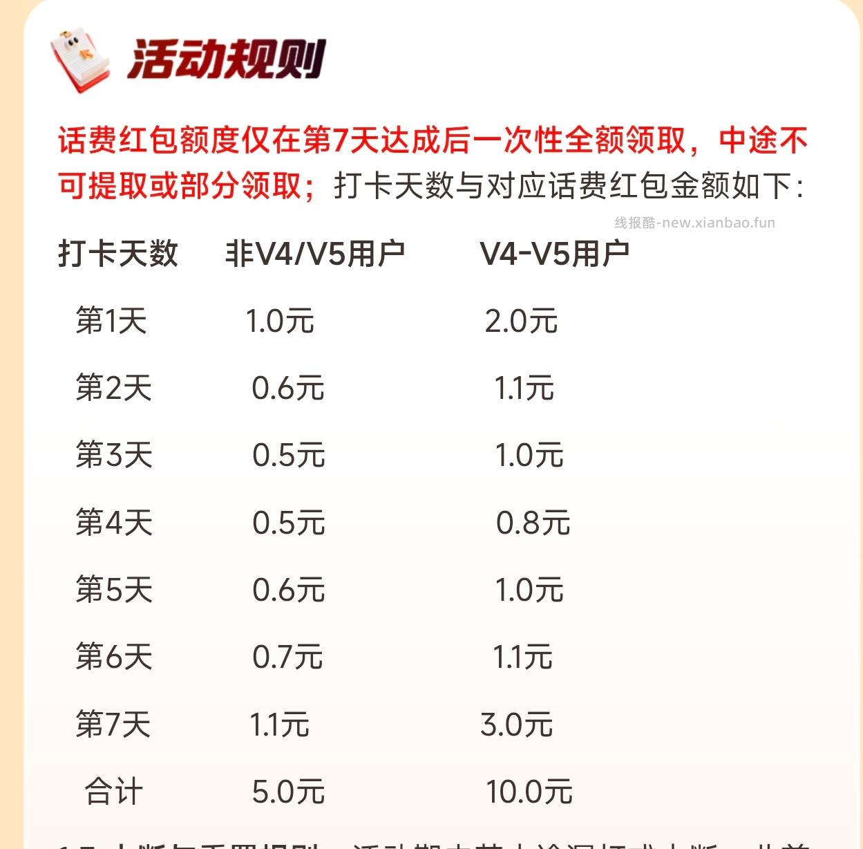 中国移动打卡7天得5元话费 - 线报酷