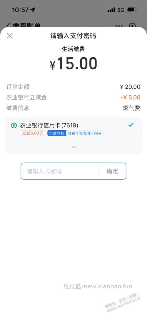 山东农行xing/用卡20减5 有了。支付宝缴费 - 线报酷