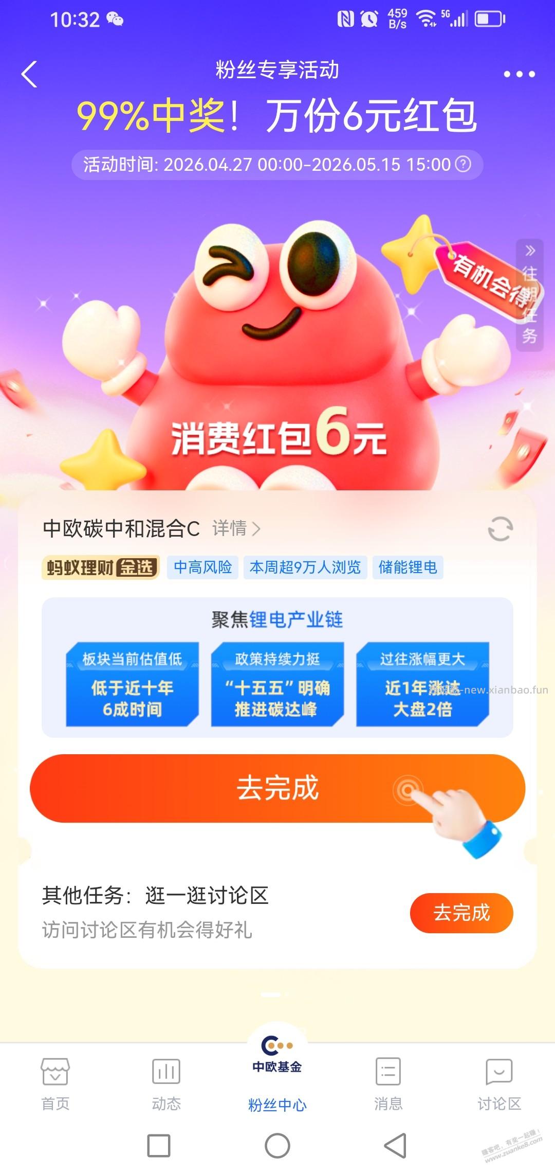 中欧基金的六元消费红包在哪领啊？ - 线报酷