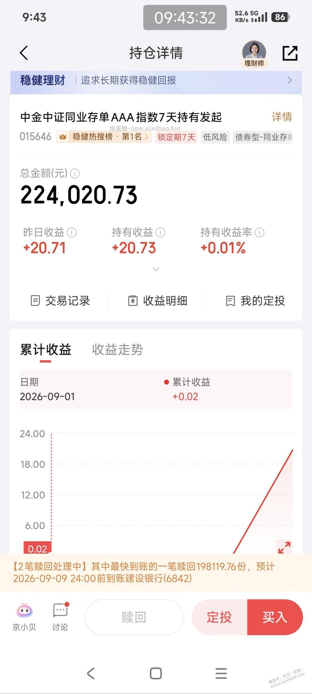 9.1买的京东金融 中金同业存单015646 你们现在能赎回吗？ - 清风线报