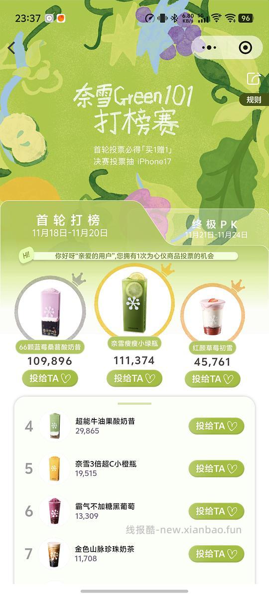 奈雪微信小程序投票得买一送一 - 线报酷