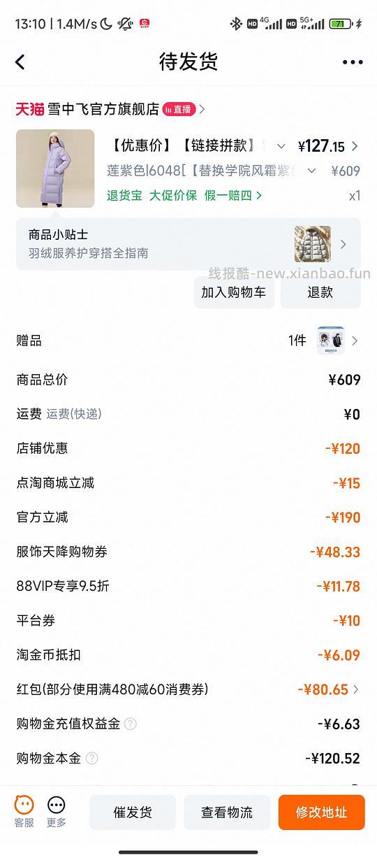 85r雪中飞长款羽绒服 - 线报酷