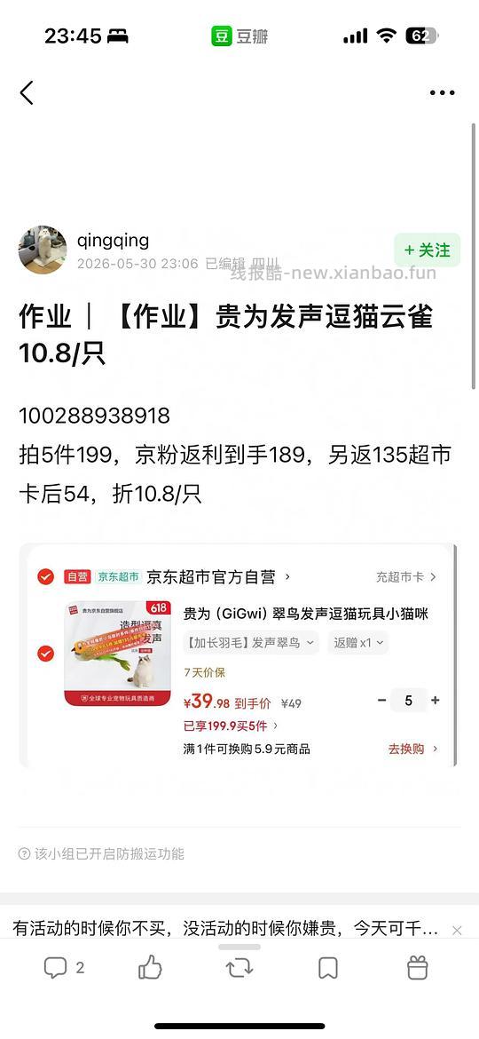 【拼完】贵为发声逗猫云雀10.8/只 - 线报酷