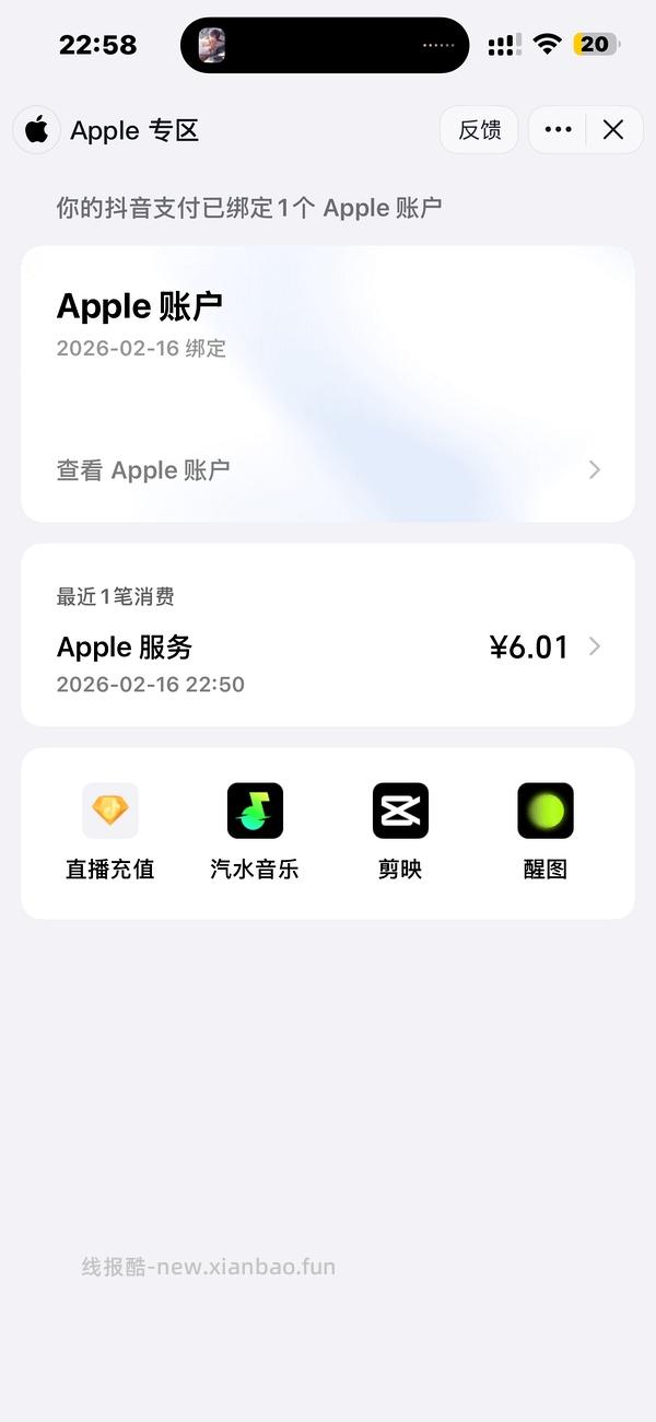 充值会员可用！Apple账户绑定抖音支付得6r！ - 线报酷