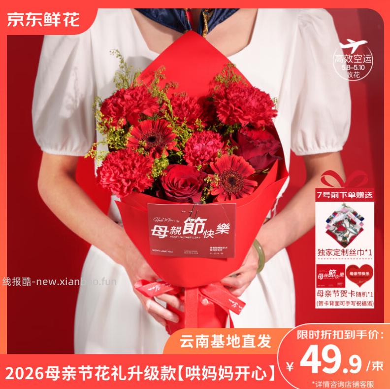 京东鲜花母亲节花束+赠定制丝巾和贺卡 49.9元 - 线报酷