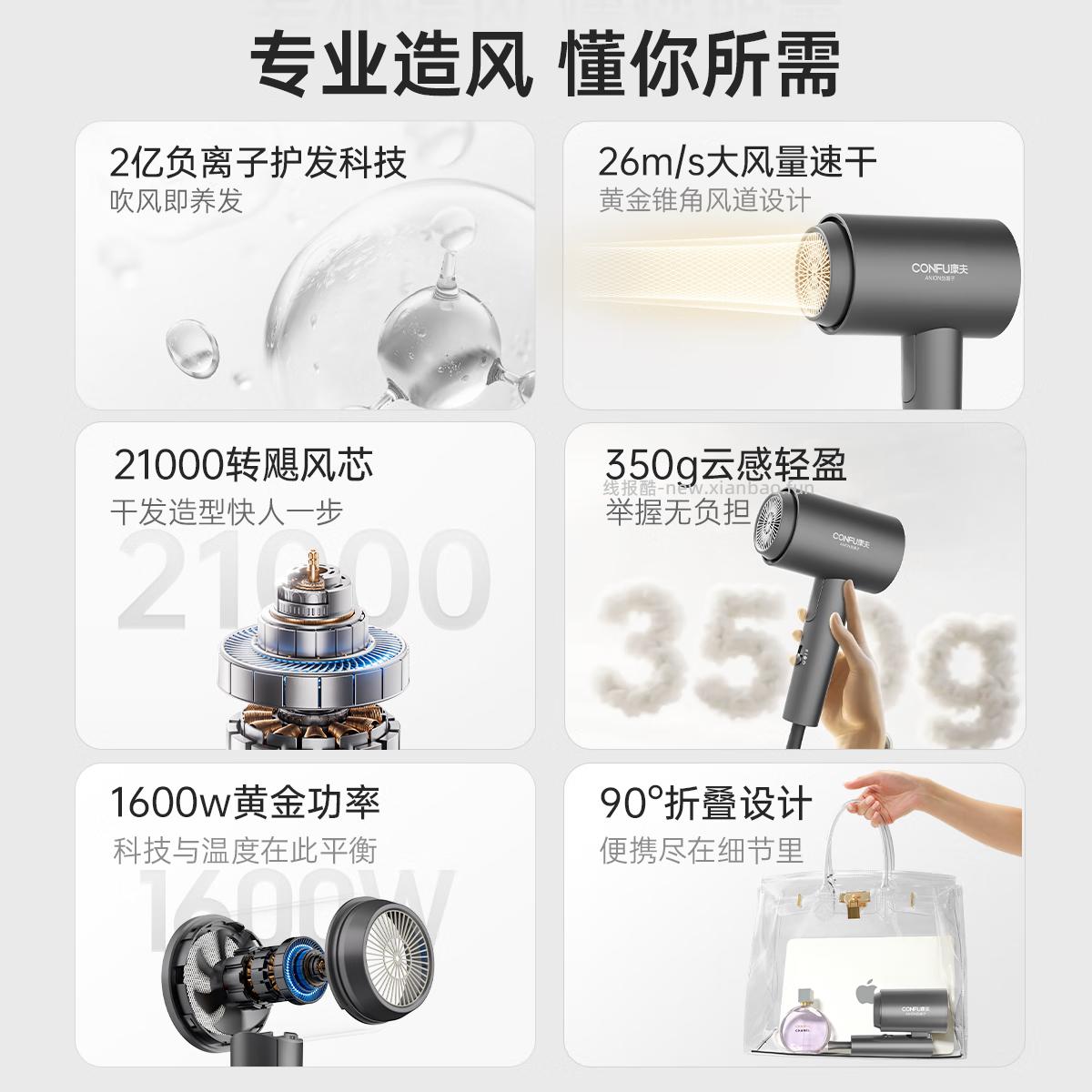 康夫2亿负离子护发电吹风机26m/s风速 37.44元 - 线报酷