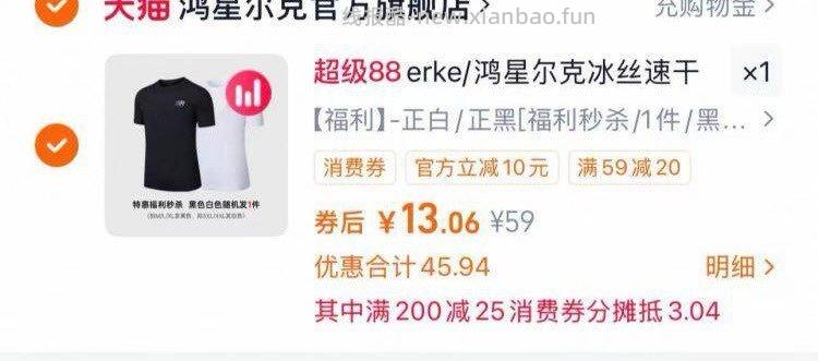 鸿星尔克冰丝速干短袖 13元 - 线报酷