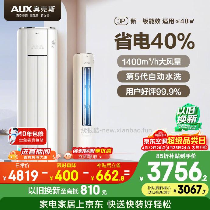 美的省电神机Pro3匹 3639元，美的锐静二代大3匹 4257元，奥克斯省电侠大3匹 4409元 - 线报酷