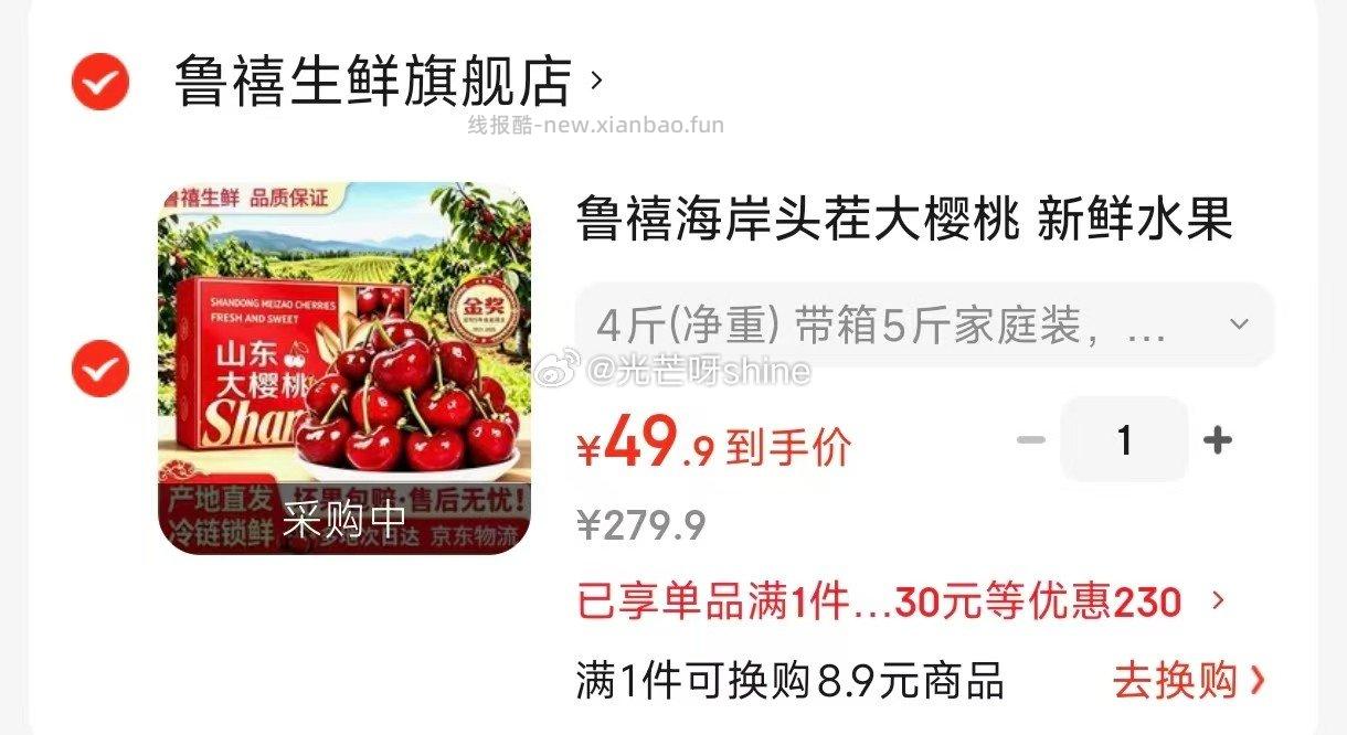 鲁禧海岸头茬大樱桃4斤(净重)带箱5斤家庭装 优选果22-26mm 49元 - 线报酷
