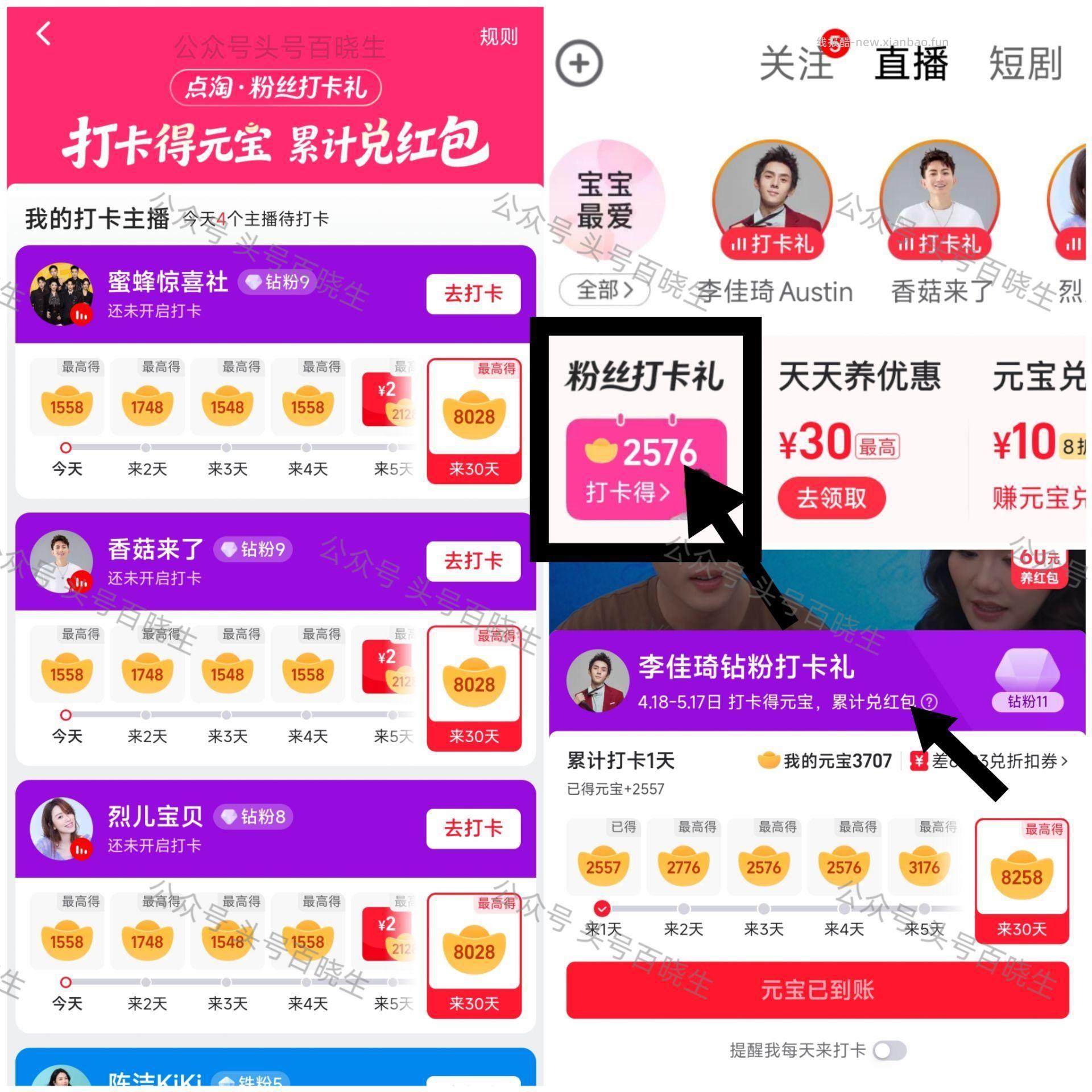点淘app 左上角 签到打卡 每天坚持打卡 持续到5.17日 不显示就更新 - 线报酷