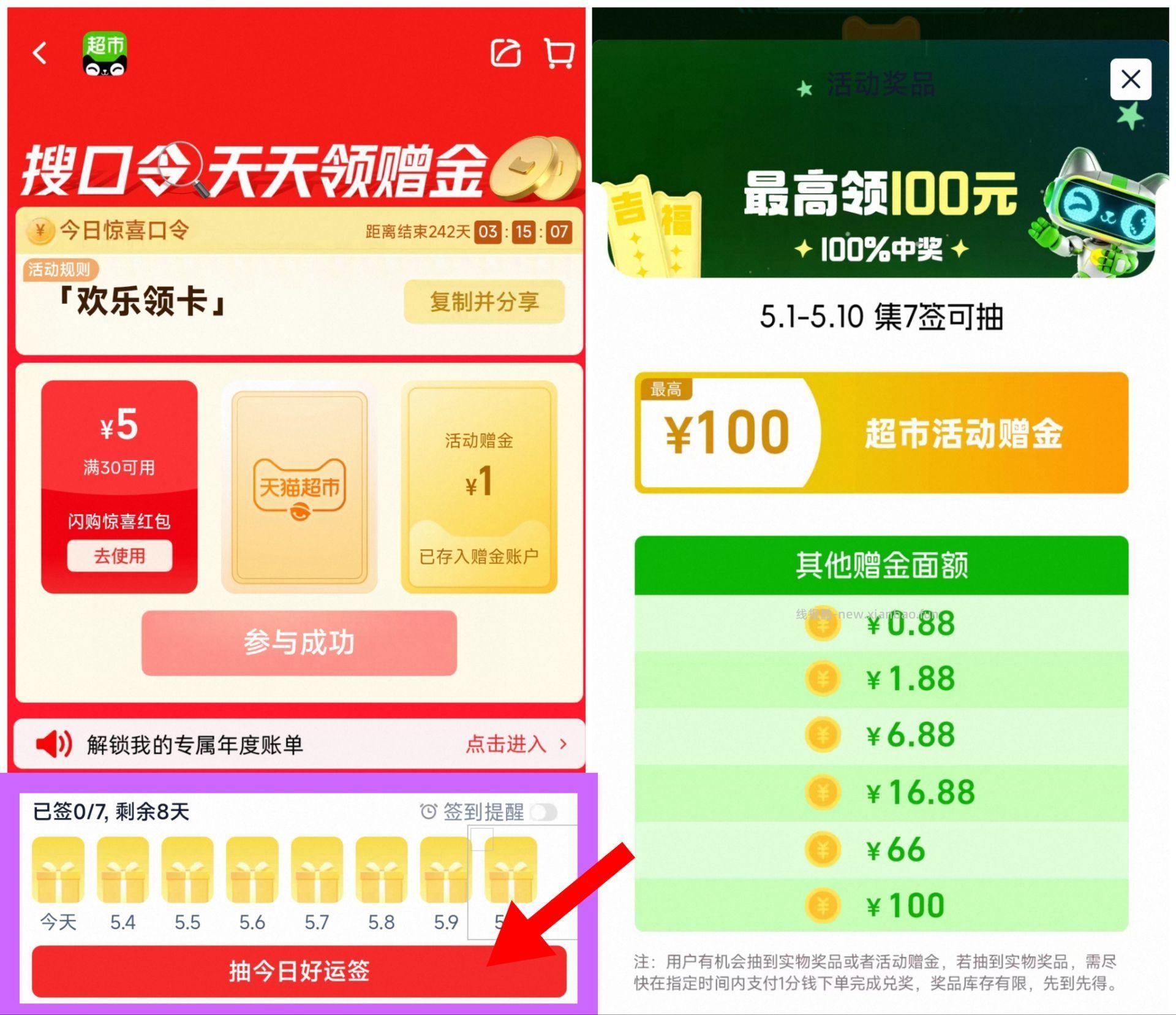 猫超打卡7天抽最高100亓 天猫超市搜🔍 欢乐领卡 ✅累计打卡7天 - 线报酷
