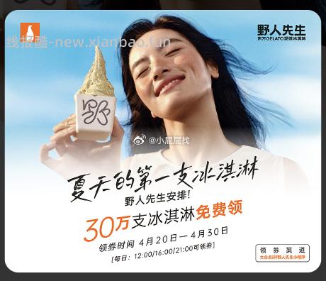 野人先生小程序165000张，大众点评135000张 300000张冰淇淋兑换券 20.26元 - 线报酷