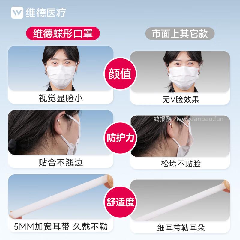 维德蝶形一次性医用外科口罩50只 16.80元 - 线报酷