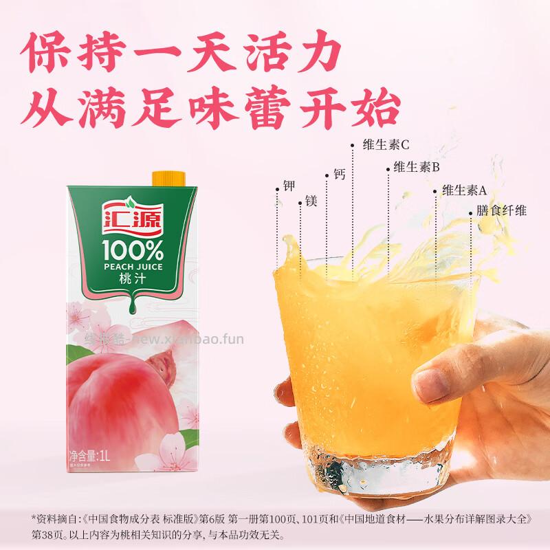 汇源100%桃汁果汁饮料1L*5盒 26.72元 - 线报酷