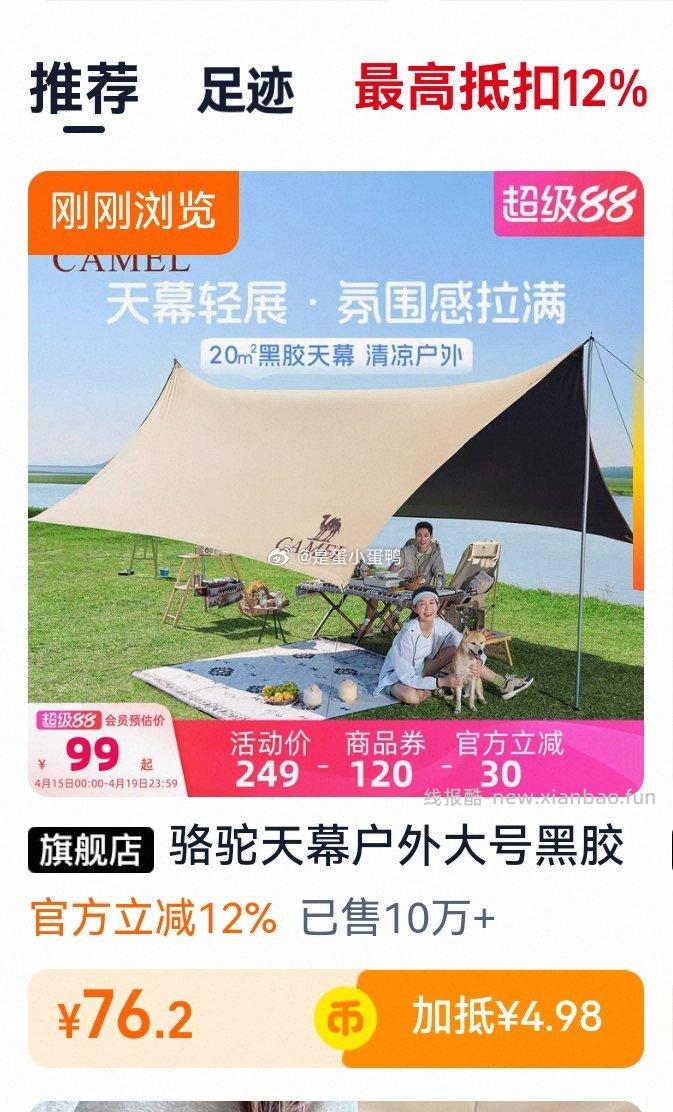 骆驼天幕户外大号黑胶露营帐篷遮阳棚 17.8元 - 线报酷