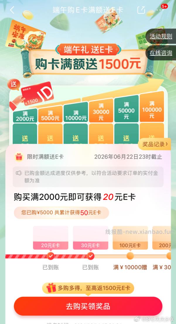 京东 app-京东E卡 今天充值E卡参与周三赠卡和端午赠卡叠加 比如充5000元 - 线报酷