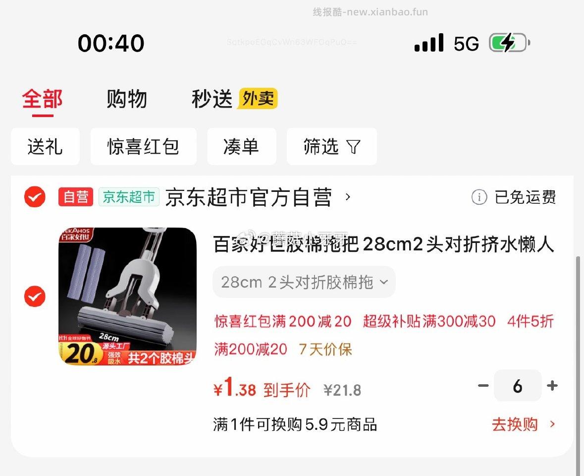 拖把京东plus300-30券底栏点主会场膨胀300-30券百家好世胶棉拖把28cm2头 - 线报酷