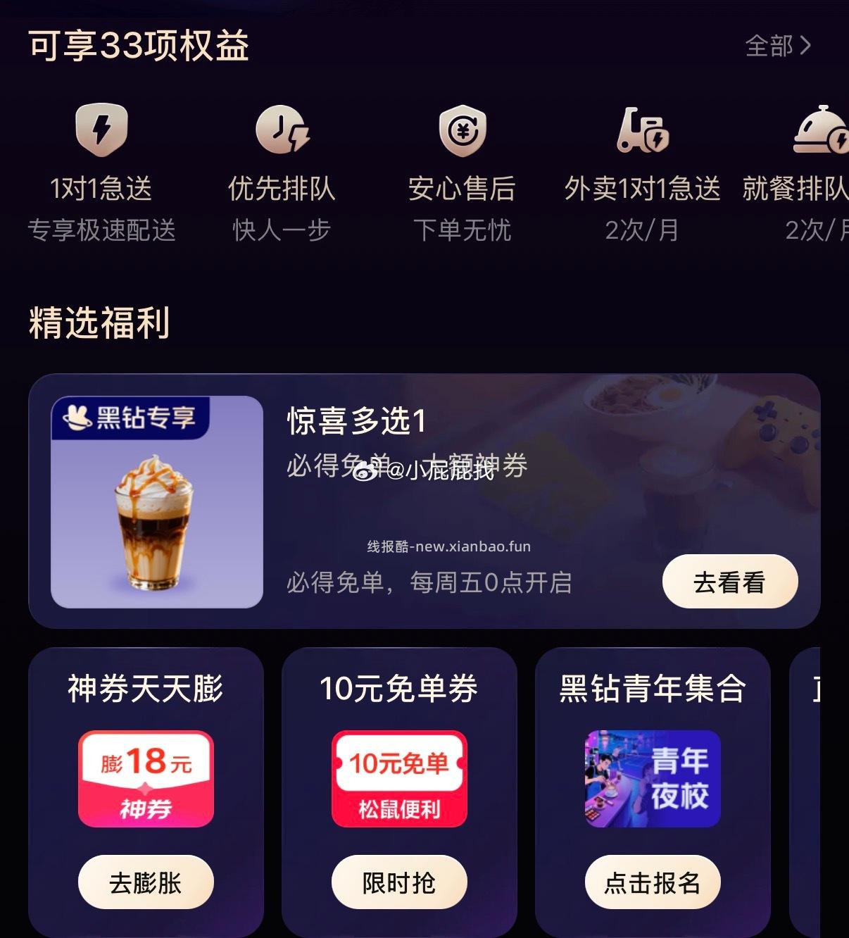 美团黑金黑钻会员 会员中心 可领松鼠便利店10券/8券等 - 线报酷