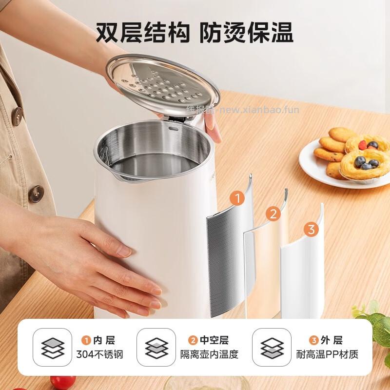 美的家用电热水壶1.5L 304不锈钢内胆 1500w功率 51.04元 - 线报酷