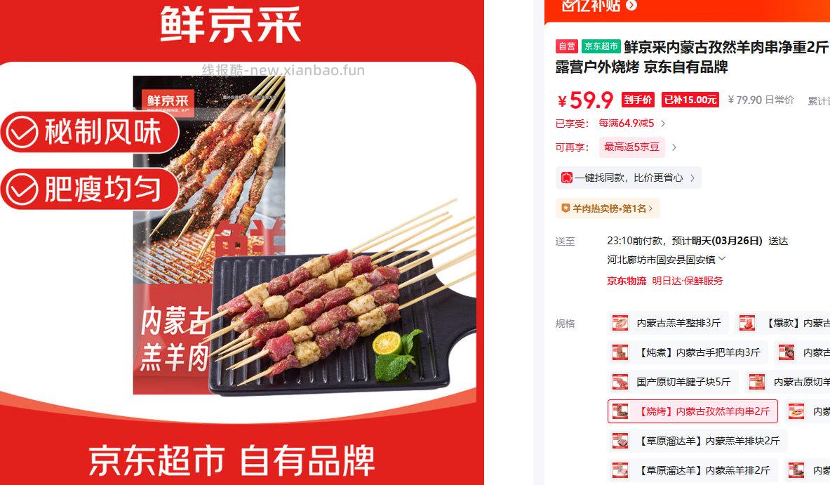 鲜京采内蒙古孜然羊肉串净重2斤（50串） 59.9元 - 线报酷